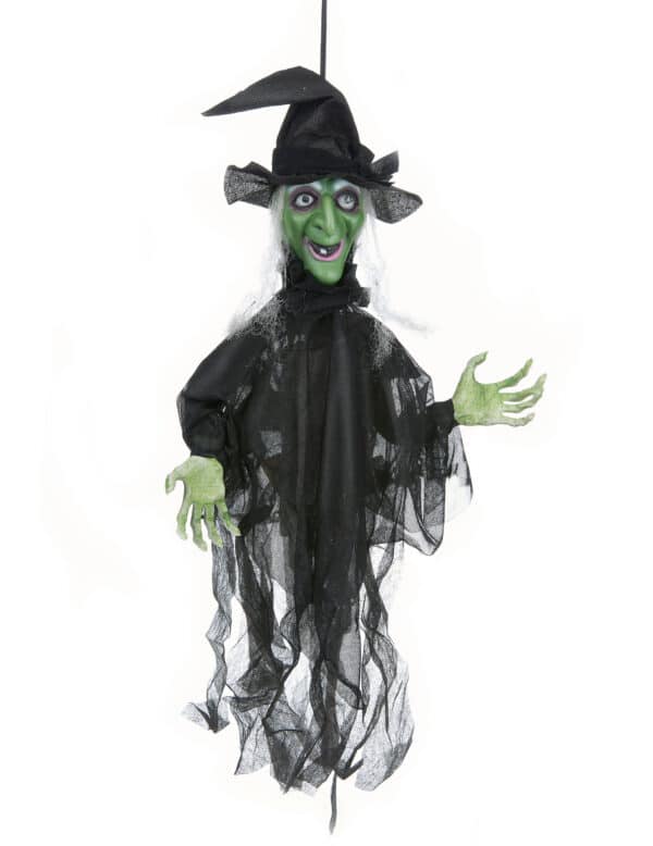 Animierte Hexe mit Leuchtaugen und Sound Halloween Deko schwarz-grün 60cm