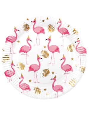 Flamingo-Pappteller 10 Stück weiß-goldfarben-rosa 23 cm