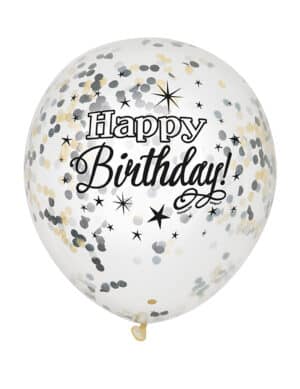 Happy Birthday Luftballon-Set Geburtstagsballons mit Konfetti weiss-silber-schwarz