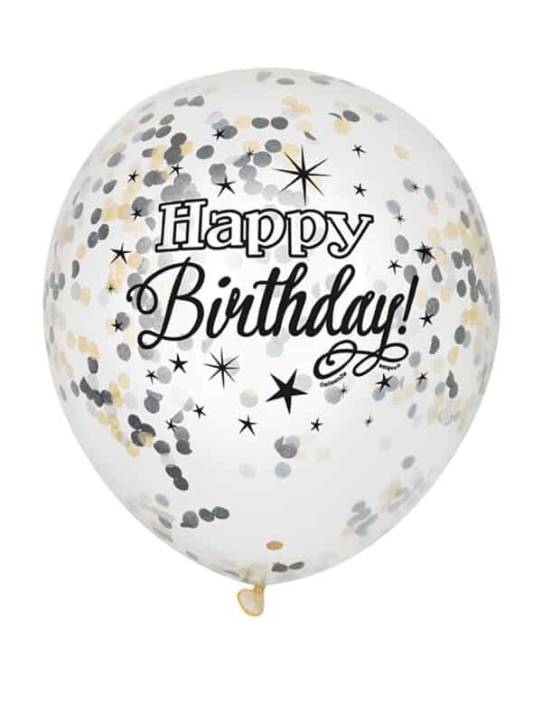 Happy Birthday Luftballon-Set Geburtstagsballons mit Konfetti weiss-silber-schwarz