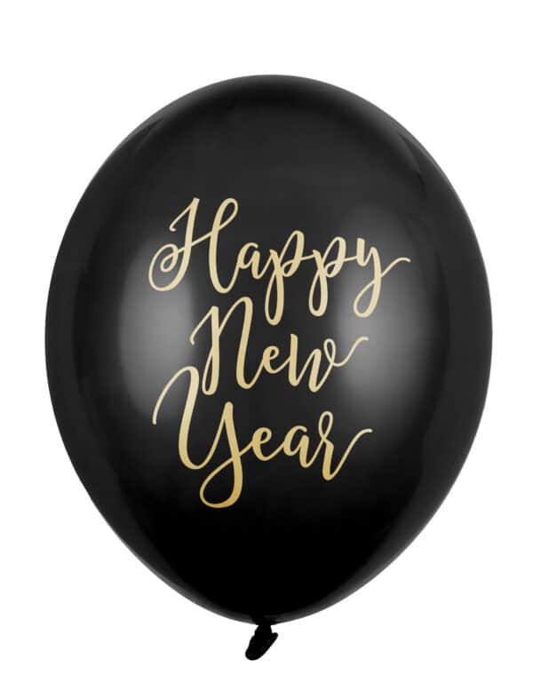 Happy New Year-Luftballons für Silvester 6 Stück schwarz-goldfarben 30 cm