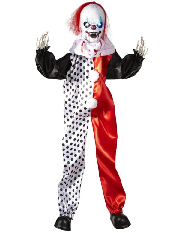 Horror-Clown mit Leuchtaugen Halloween-Deko-Figur schwarz-weiss-rot 90cm