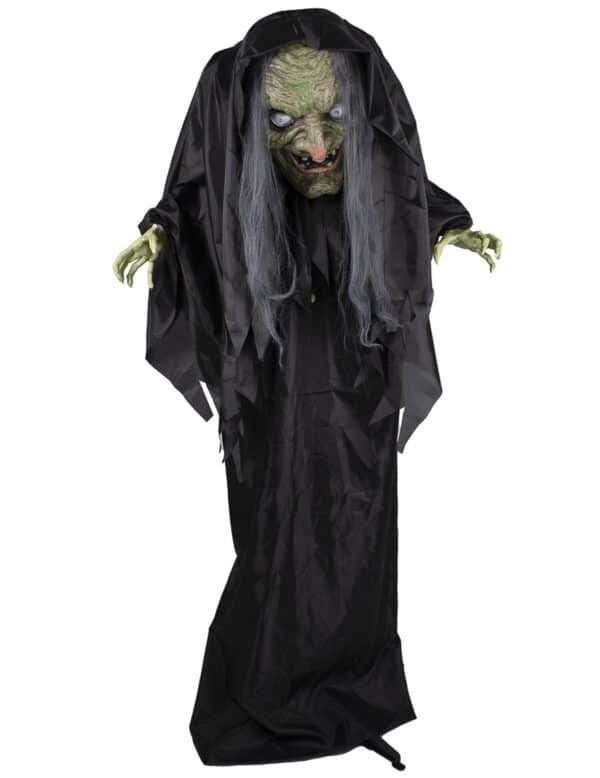 Lebensgroße animierte Horrornonne-Dekofigur mit Licht- und Soundeffekten Halloween-Deko schwarz-weiß-grau 205 cm