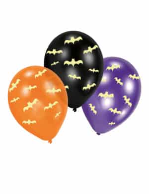 Nachtleuchtende Fledermaus-Latexballons 6 Stück schwarz-violett-orangefarben 27