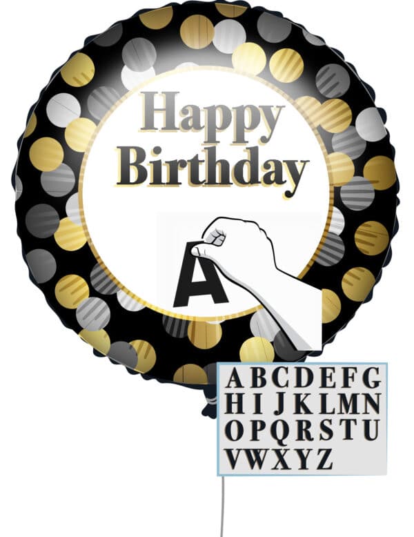Personalisierbarer Happy Birthday Aluminiumballon Geburtstags-Deko schwarz-goldfarben-weiß 43 cm