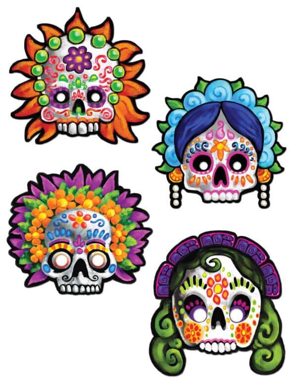 Tag der Toten Sugar Skull Masken Halloween 4 Stück bunt 30cm