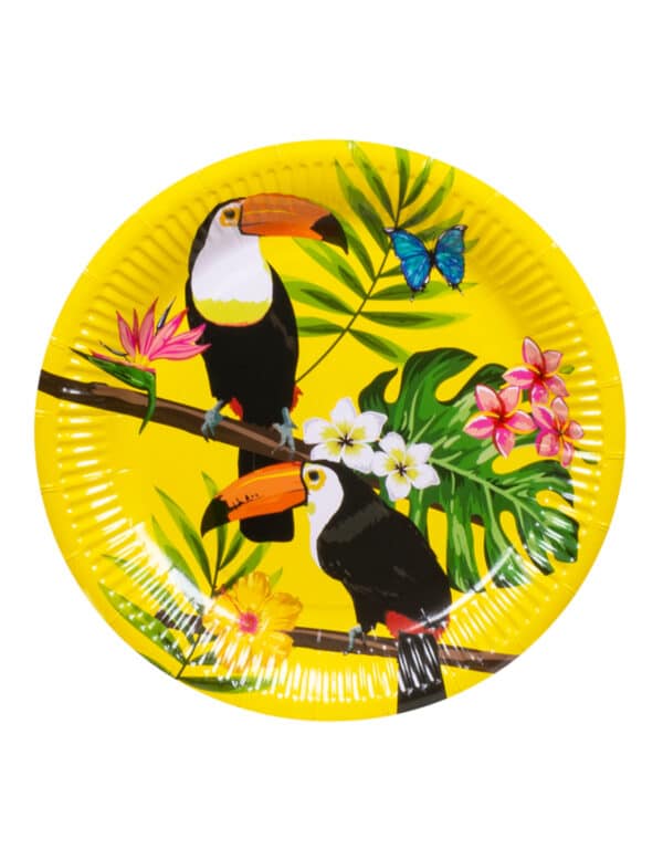 Tropen-Pappteller Tukan-Partydeko 10 Stück gelb-bunt 23 cm