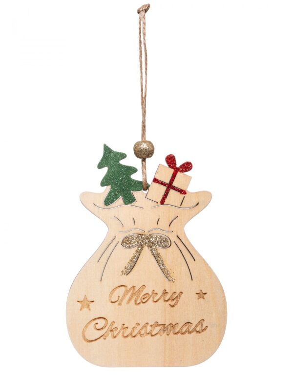 Weihnachts-Sack Hängedeko aus Holz beigefarben 11 cm
